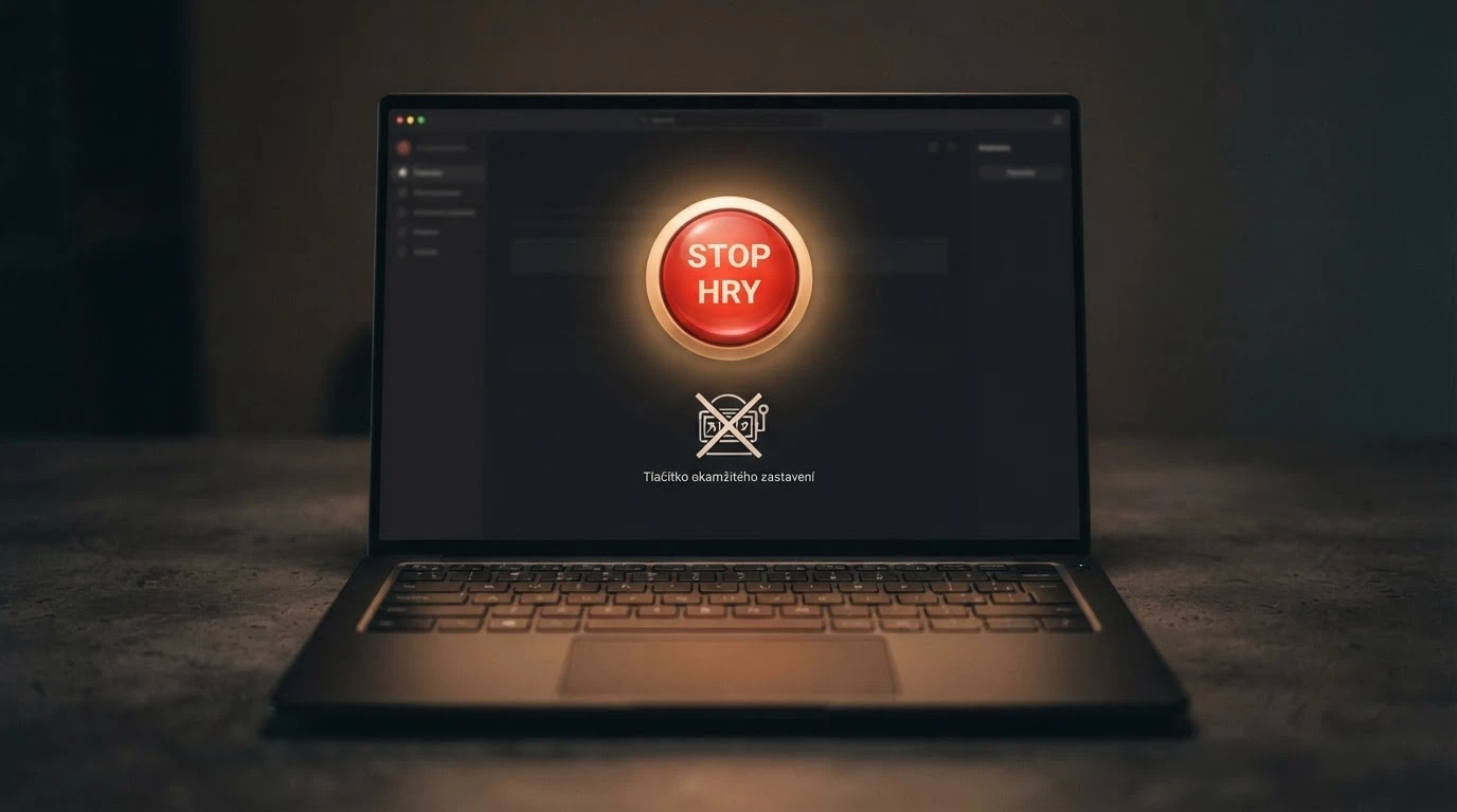 Výrazné červené tlačítko paniky na obrazovce kasina s ikonou přeškrtnutého hracího automatu