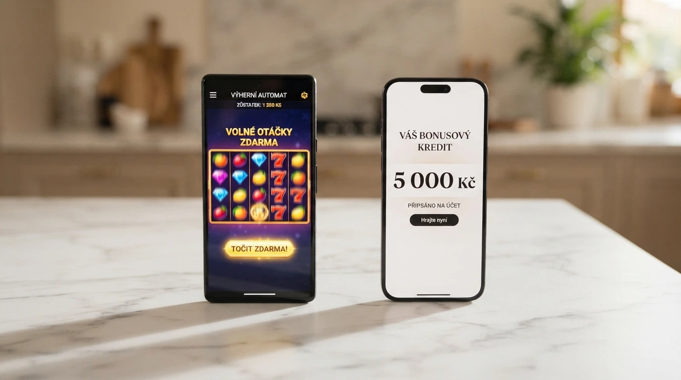 Dva mobilní telefony ležící vedle sebe — na jednom nabídka free spinů, na druhém kredit zdarma