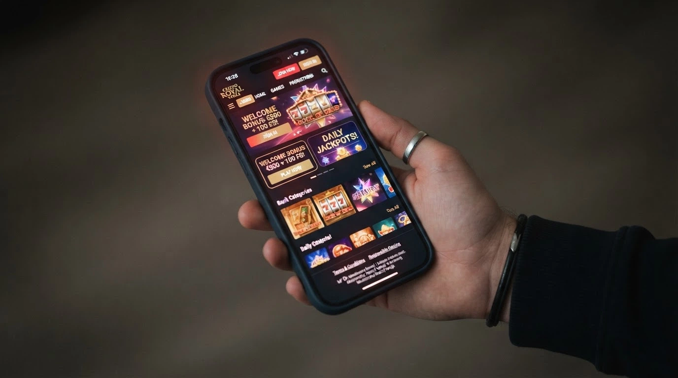 Mobilní obrazovka s casino stránkou, na které chybí čeština a varování o zodpovědném hraní — červené zvýraznění problémových prvků
