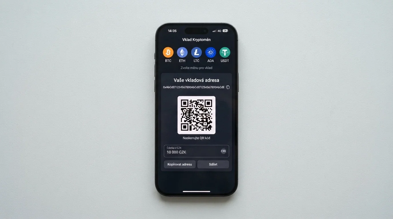 Obrazovka s výběrem kryptoměn pro vklad – ikony BTC, ETH, USDT, SOL, ADA – a QR kód pro naskenování peněženky