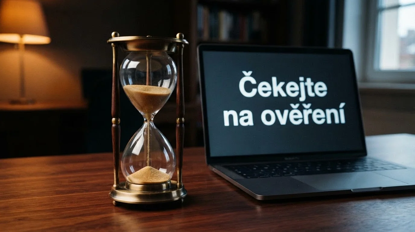 Přesýpací hodiny vedle displeje s nápisem „čekejte na ověření“ — kontrast mezi slibem okamžitého výběru a realitou KYC