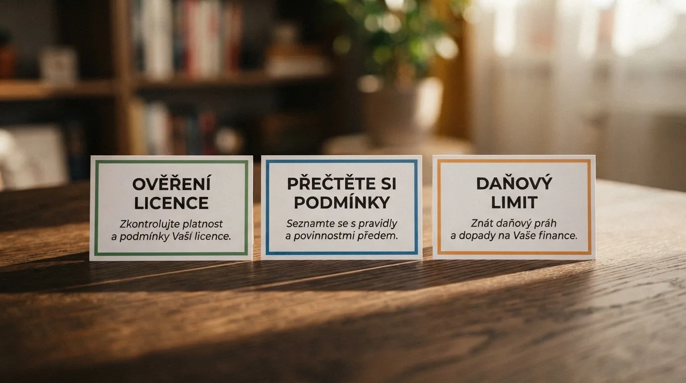 Stůl se třemi kartami lícem vzhůru — na první „ověřit licenci“, na druhé „přečíst podmínky“, na třetí „znát daňovou hranici“