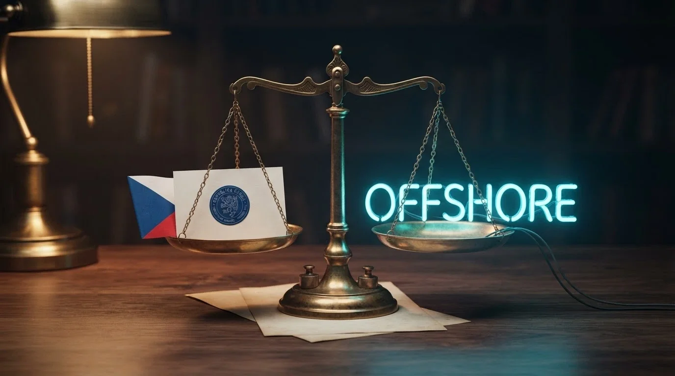 Symbolické váhy: na jedné misce česká vlajka a logo MF ČR, na druhé neonový nápis offshore casino