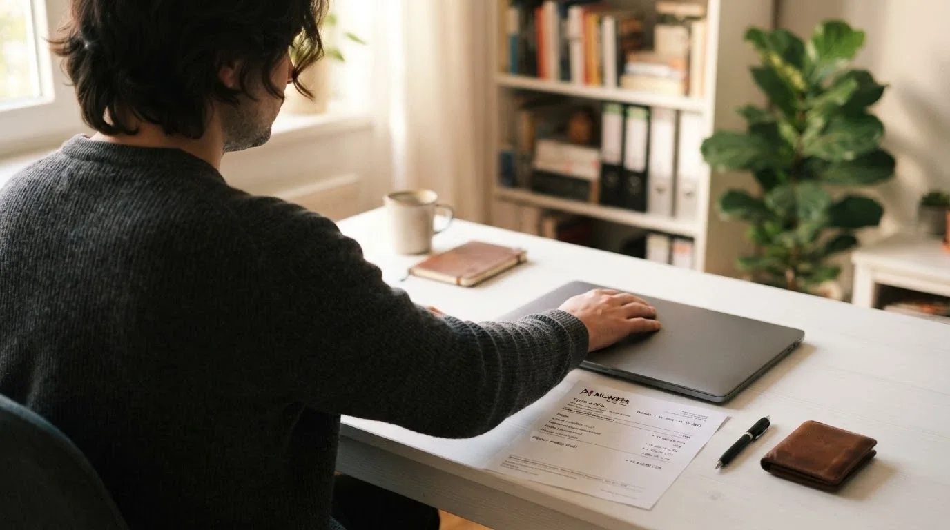Hráč zavírá notebook, na stole leží výpis z bankovního účtu s připsanou výhrou — rozhodnutí je hotové