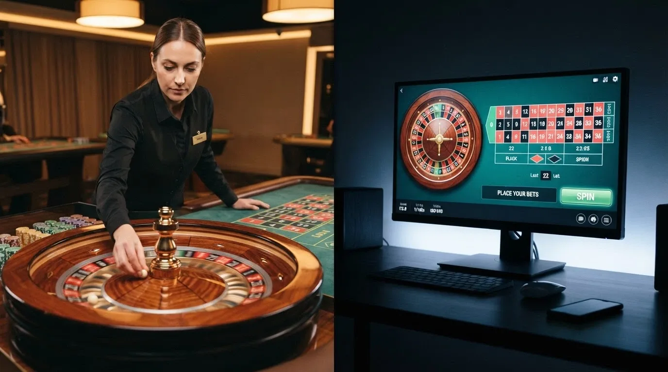 Rozdělený obraz – vlevo živý krupiér u fyzického kola, vpravo digitální rozhraní RNG rulety na monitoru