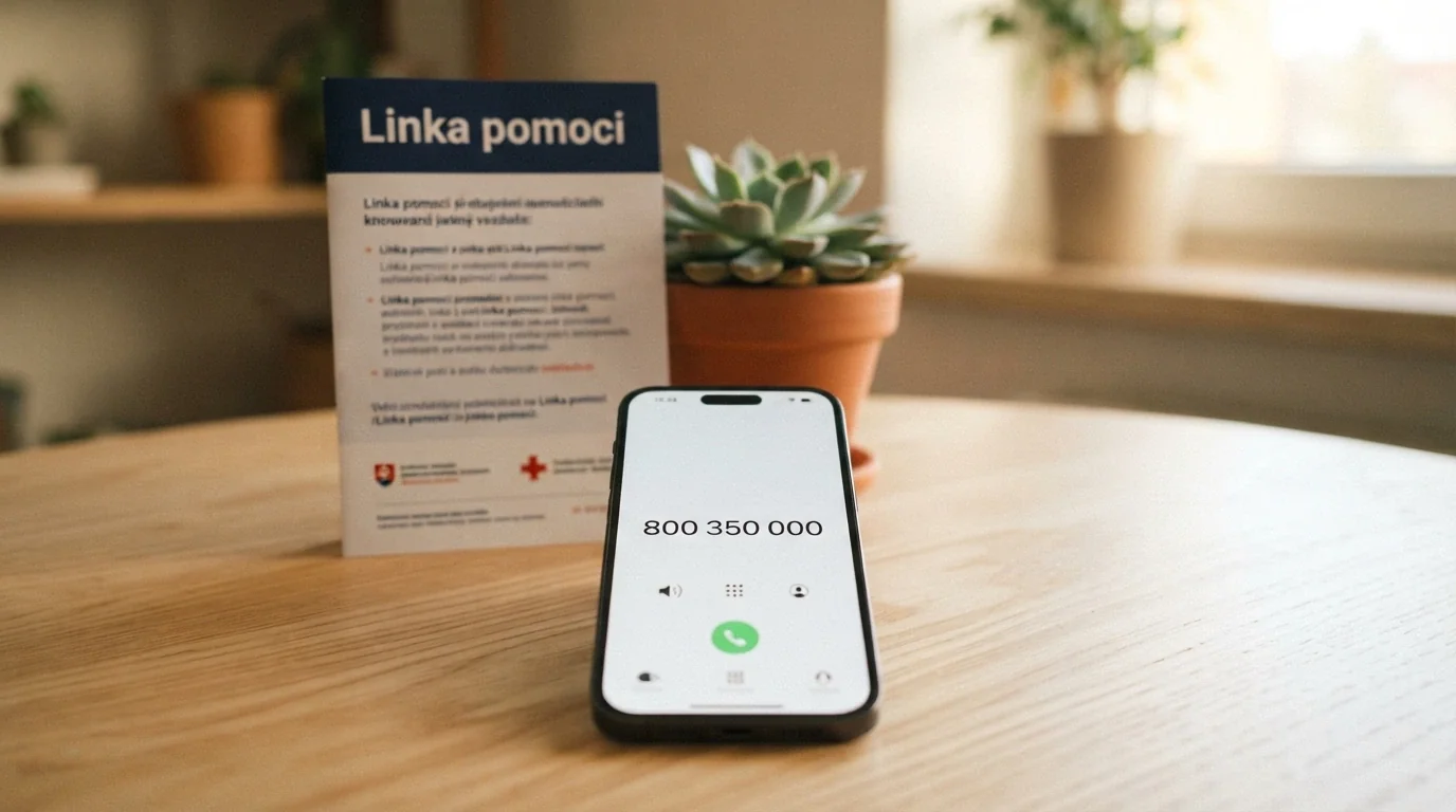 Telefon s vytočeným číslem 800 350 000 na lince pomoci, v pozadí propagační materiály adiktologických služeb