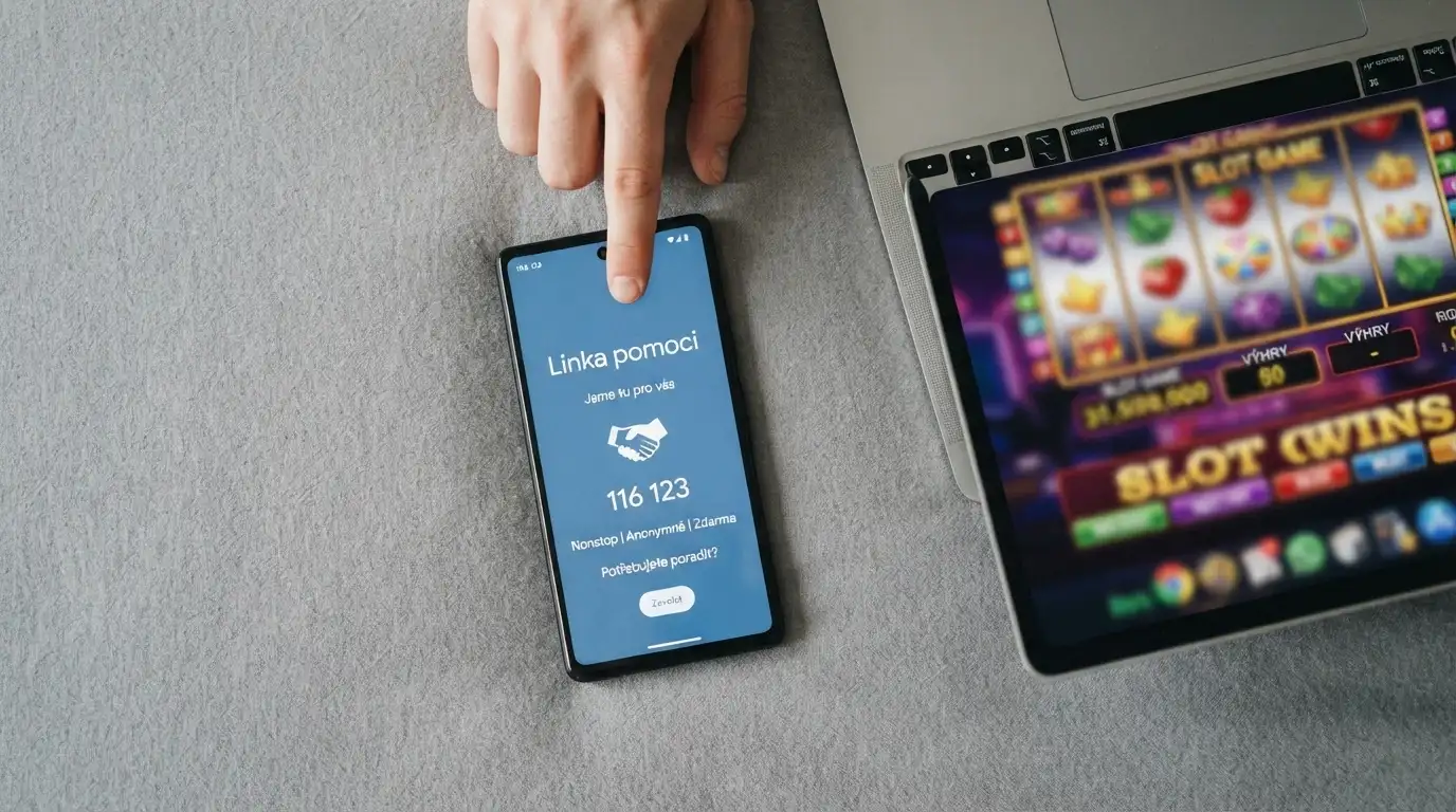 Telefon s otevřenou linkou pomoci na displeji a krypto kasino na obrazovce notebooku v pozadí