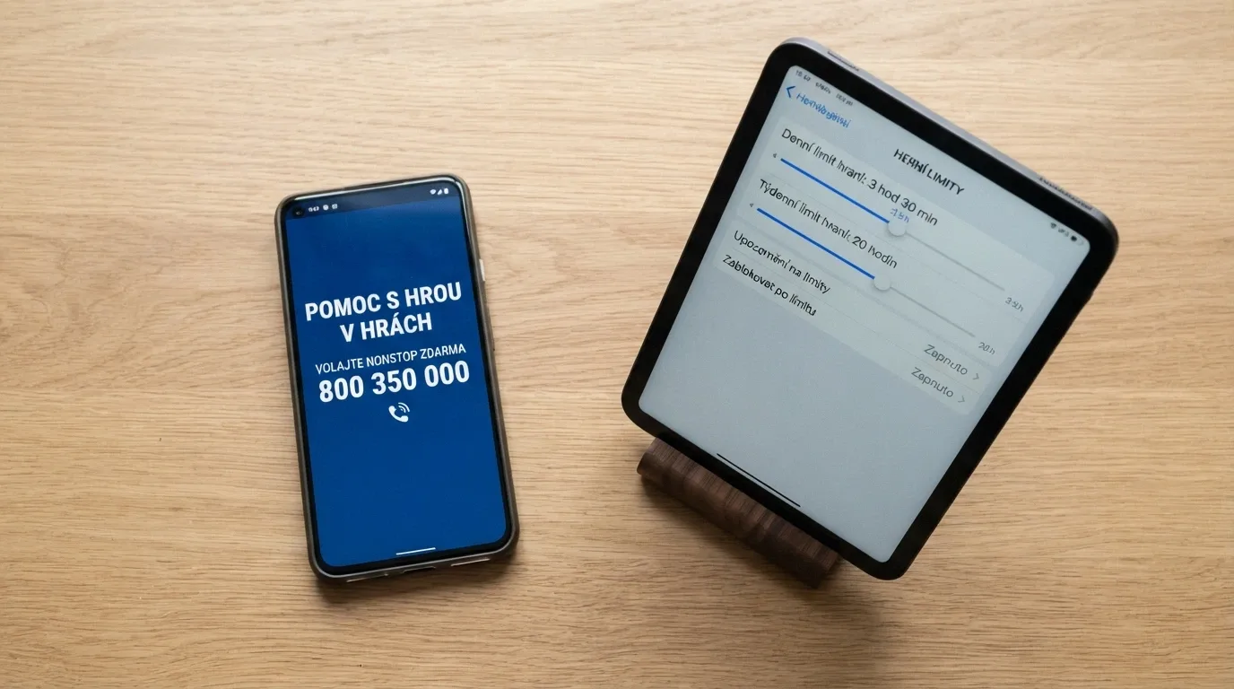 Telefon s vytočeným číslem linky pomoci na displeji, vedle něj obrazovka s nastavením herních limitů