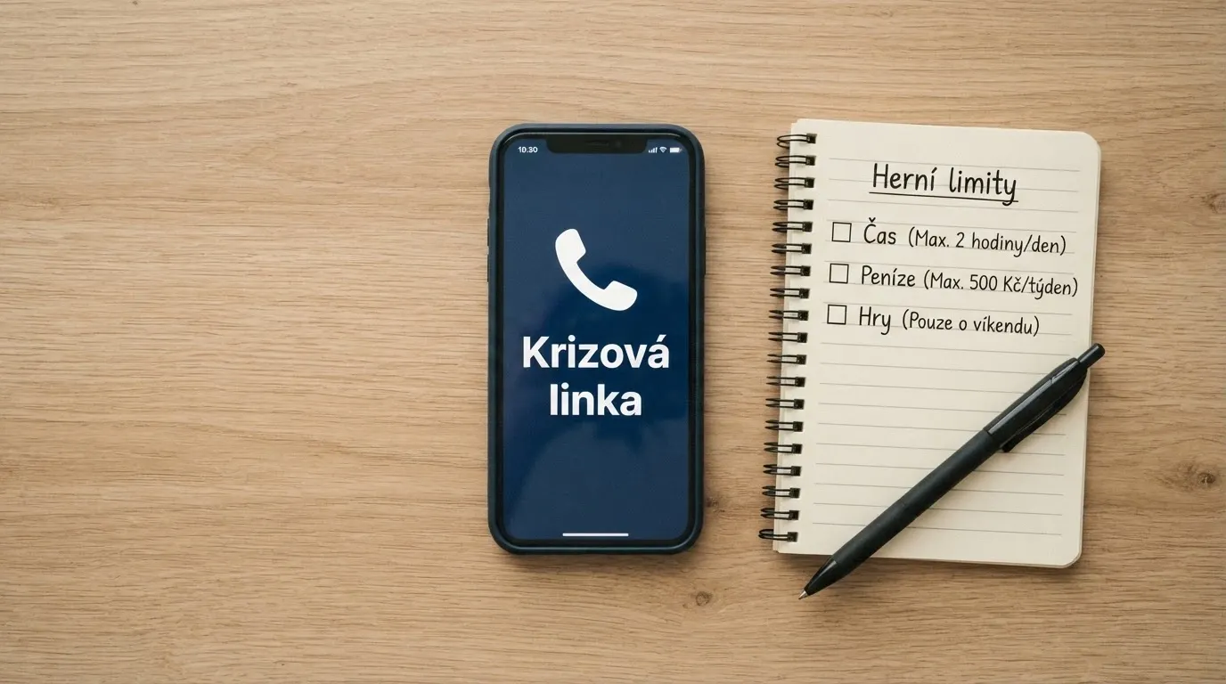 Telefon s vytočenou krizovou linkou, vedle něj poznámkový blok s nadpisem „Herní limity“ a zaškrtávacími políčky