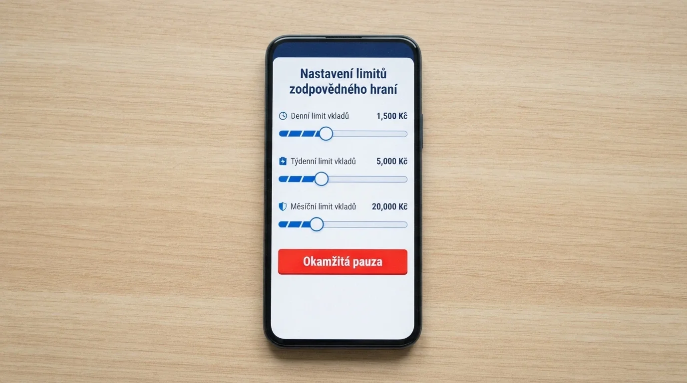 Mobilní obrazovka s panelem sebeomezujících opatření — posuvníky denního/týdenního/měsíčního limitu a výrazné tlačítko panic button