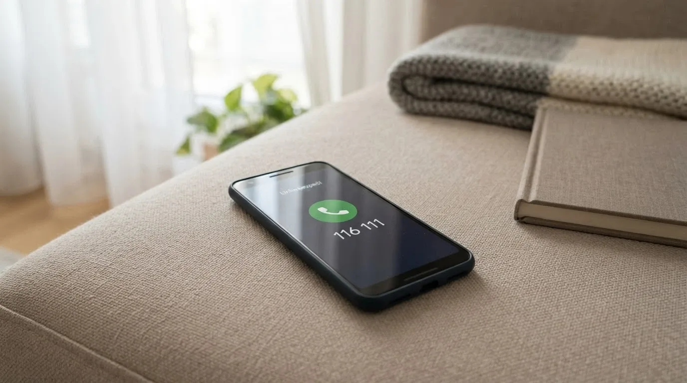 Telefon s vytočeným číslem linky pomoci, v pozadí logo Zodpovědné hraní