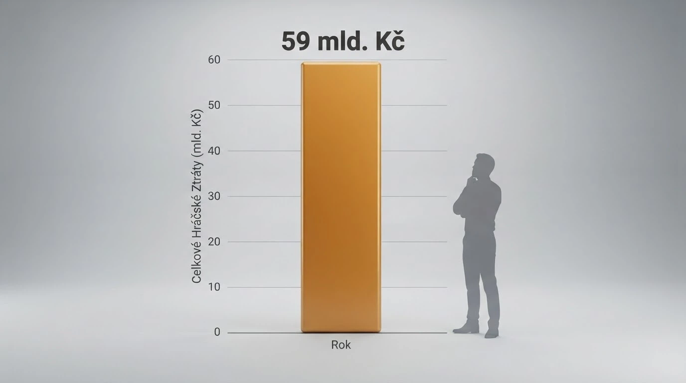 Grafický sloupcový ukazatel rostoucí do výše s částkou 59 miliard Kč, v pozadí silueta zamračené postavy
